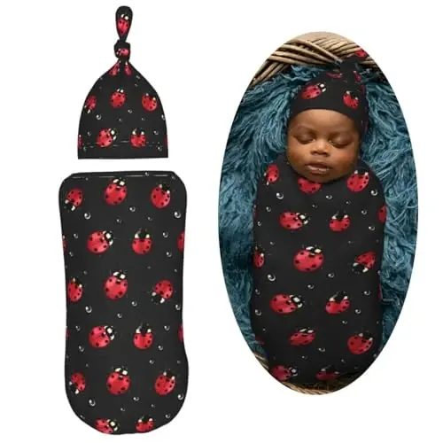 Muishi Ladybug Rain Newborn Swaddle Blankets Hat Sets Soft Baby Receiving Blanket Swaddle Sack for Baby Shower Infant Boy Girl Gift - MUISHI (1)
