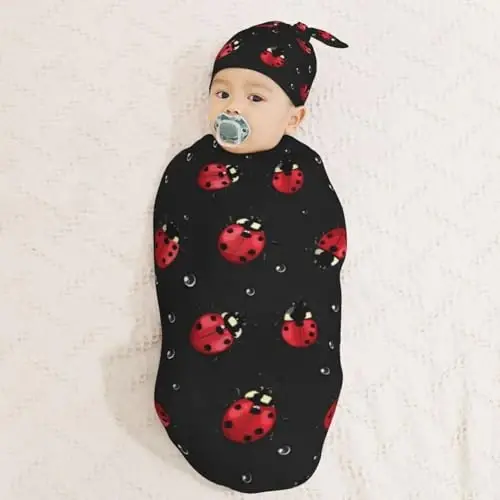 Muishi Ladybug Rain Newborn Swaddle Blankets Hat Sets Soft Baby Receiving Blanket Swaddle Sack for Baby Shower Infant Boy Girl Gift - 3