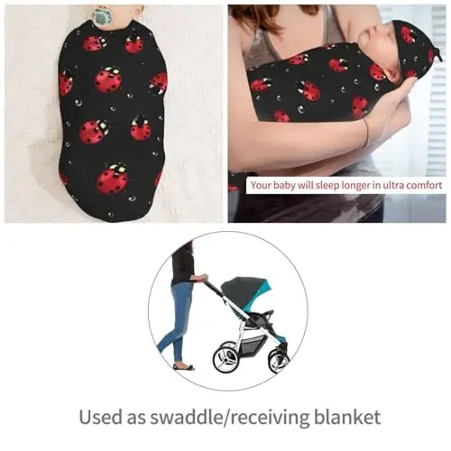 Muishi Ladybug Rain Newborn Swaddle Blankets Hat Sets Soft Baby Receiving Blanket Swaddle Sack for Baby Shower Infant Boy Girl Gift - 4