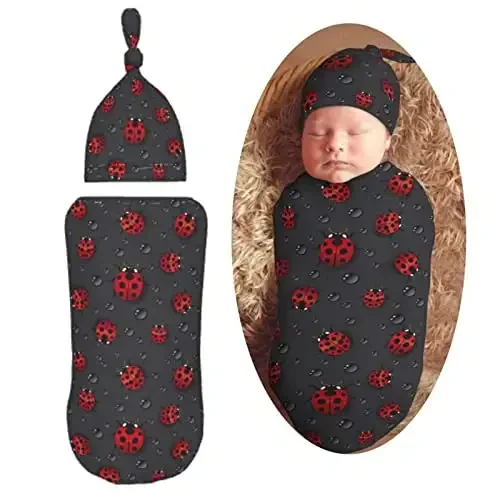 Muishi Ladybug Rain Newborn Swaddle Blankets Hat Sets Soft Baby Receiving Blanket Swaddle Sack for Baby Shower Infant Boy Girl Gift - MODAZONE