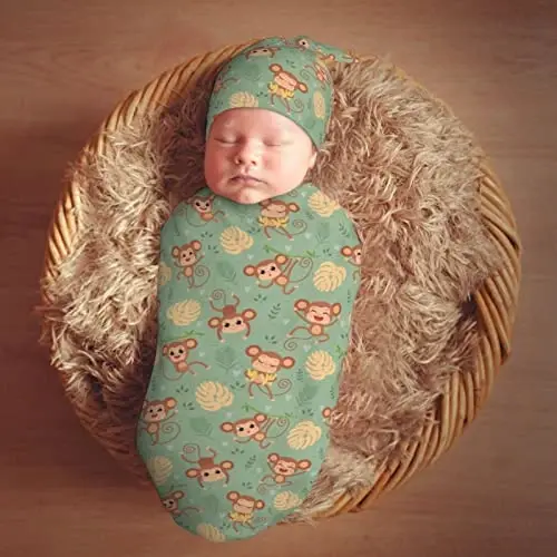 Muishi Wild Cute Animals Monkey On Tree Newborn Swaddle Blankets Hat Sets Soft Baby Receiving Blanket Swaddle Sack for Baby Shower Infant Boy Girl Gift - 7