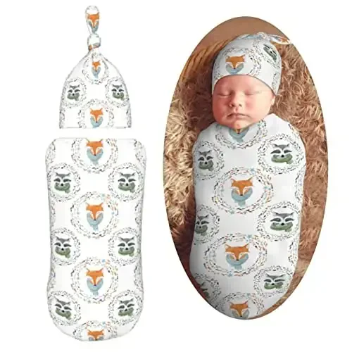 Muishi Watercolor Fox Raccoon Newborn Swaddle Blankets Hat Sets Soft Baby Receiving Blanket Swaddle Sack for Baby Shower Infant Boy Girl Gift - 1