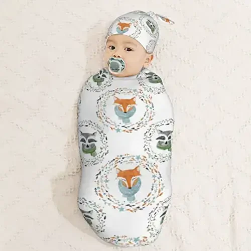Muishi Watercolor Fox Raccoon Newborn Swaddle Blankets Hat Sets Soft Baby Receiving Blanket Swaddle Sack for Baby Shower Infant Boy Girl Gift - 3