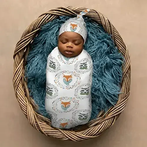 Muishi Watercolor Fox Raccoon Newborn Swaddle Blankets Hat Sets Soft Baby Receiving Blanket Swaddle Sack for Baby Shower Infant Boy Girl Gift - 6