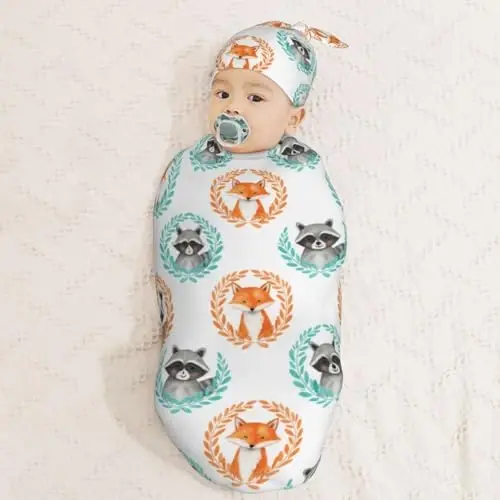 Muishi Watercolor Fox Raccoon Newborn Swaddle Blankets Hat Sets Soft Baby Receiving Blanket Swaddle Sack for Baby Shower Infant Boy Girl Gift - 3