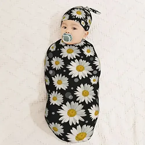 Muishi White Daisies Newborn Swaddle Blankets Hat Sets Soft Baby Receiving Blanket Swaddle Sack for Baby Shower Infant Boy Girl Gift - 3