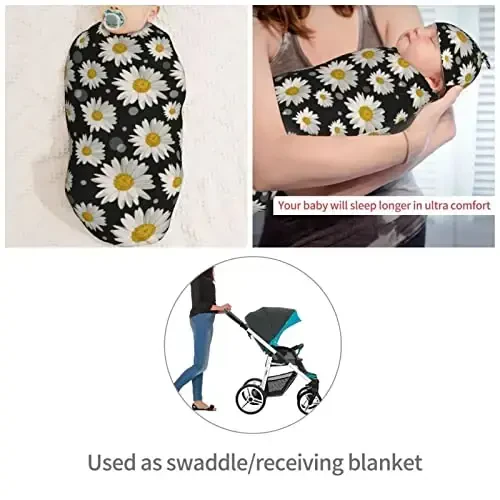 Muishi White Daisies Newborn Swaddle Blankets Hat Sets Soft Baby Receiving Blanket Swaddle Sack for Baby Shower Infant Boy Girl Gift - 4