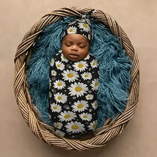 Muishi White Daisies Newborn Swaddle Blankets Hat Sets Soft Baby Receiving Blanket Swaddle Sack for Baby Shower Infant Boy Girl Gift - 6