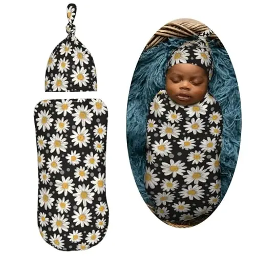 Muishi White Daisies Newborn Swaddle Blankets Hat Sets Soft Baby Receiving Blanket Swaddle Sack for Baby Shower Infant Boy Girl Gift - 2