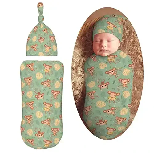 Muishi Wild Cute Animals Monkey On Tree Newborn Swaddle Blankets Hat Sets Soft Baby Receiving Blanket Swaddle Sack for Baby Shower Infant Boy Girl Gift - MODAZONE