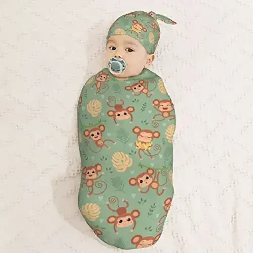 Muishi Wild Cute Animals Monkey On Tree Newborn Swaddle Blankets Hat Sets Soft Baby Receiving Blanket Swaddle Sack for Baby Shower Infant Boy Girl Gift - 3