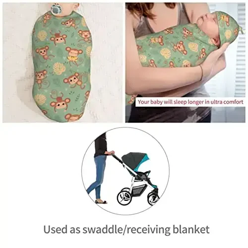 Muishi Wild Cute Animals Monkey On Tree Newborn Swaddle Blankets Hat Sets Soft Baby Receiving Blanket Swaddle Sack for Baby Shower Infant Boy Girl Gift - 4