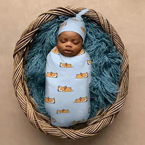 Muishi Cartoon Sleep Corgi Cute Blue Newborn Swaddle Blankets Hat Sets Soft Baby Receiving Blanket Swaddle Sack for Baby Shower Infant Boy Girl Gift - 6