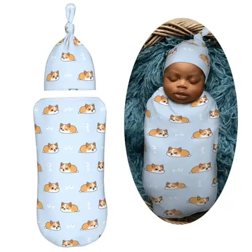 Muishi Cartoon Sleep Corgi Cute Blue Newborn Swaddle Blankets Hat Sets Soft Baby Receiving Blanket Swaddle Sack for Baby Shower Infant Boy Girl Gift - MUISHI (1)
