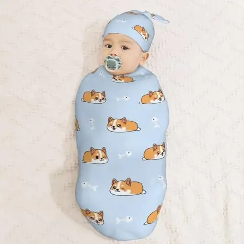 Muishi Cartoon Sleep Corgi Cute Blue Newborn Swaddle Blankets Hat Sets Soft Baby Receiving Blanket Swaddle Sack for Baby Shower Infant Boy Girl Gift - 3