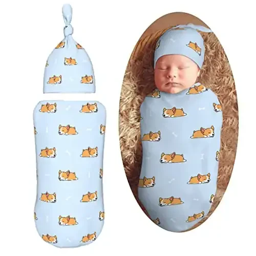 Muishi Cartoon Sleep Corgi Cute Blue Newborn Swaddle Blankets Hat Sets Soft Baby Receiving Blanket Swaddle Sack for Baby Shower Infant Boy Girl Gift - 1