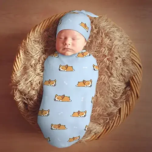 Muishi Cartoon Sleep Corgi Cute Blue Newborn Swaddle Blankets Hat Sets Soft Baby Receiving Blanket Swaddle Sack for Baby Shower Infant Boy Girl Gift - 7