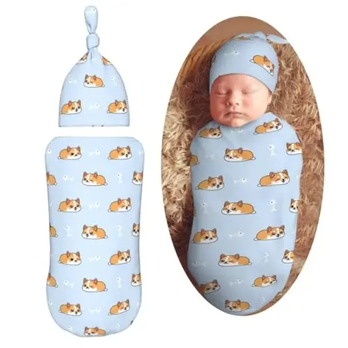 Muishi Cartoon Sleep Corgi Cute Blue Newborn Swaddle Blankets Hat Sets Soft Baby Receiving Blanket Swaddle Sack for Baby Shower Infant Boy Girl Gift 