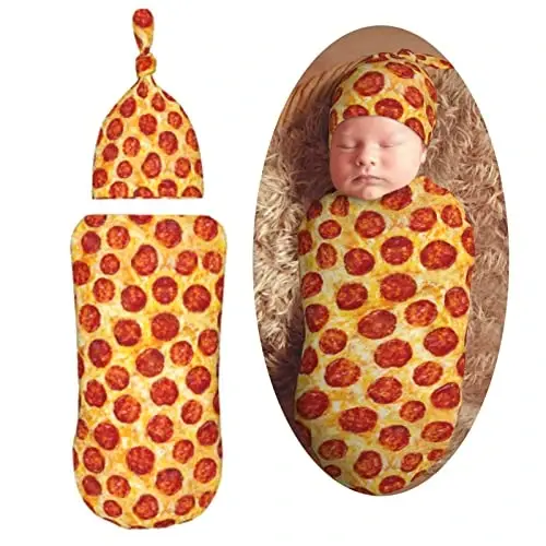 Muishi Funny Pepperoni Pizza Food Texture Newborn Swaddle Blankets Hat Sets Soft Baby Receiving Blanket Swaddle Sack for Baby Shower Infant Boy Girl Gift 