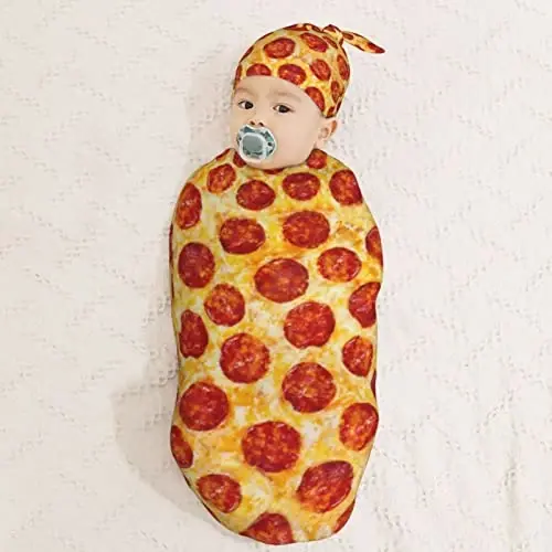 Muishi Funny Pepperoni Pizza Food Texture Newborn Swaddle Blankets Hat Sets Soft Baby Receiving Blanket Swaddle Sack for Baby Shower Infant Boy Girl Gift - 3