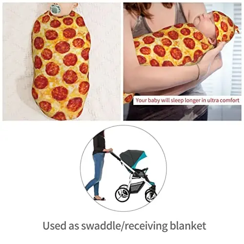 Muishi Funny Pepperoni Pizza Food Texture Newborn Swaddle Blankets Hat Sets Soft Baby Receiving Blanket Swaddle Sack for Baby Shower Infant Boy Girl Gift - 4