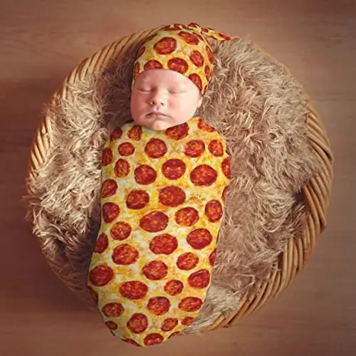 Muishi Funny Pepperoni Pizza Food Texture Newborn Swaddle Blankets Hat Sets Soft Baby Receiving Blanket Swaddle Sack for Baby Shower Infant Boy Girl Gift - 7