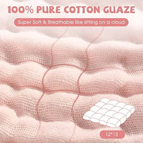 MUKIN Baby Washcloths and Burp Cloths, Soft Absorbent Towels for Newborns, 6 Pack, 12x12 Inches (Pink) - 24