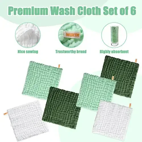 MUKIN Baby Washcloths - Soft Face Cloths for Newborn, Absorbent Bath Face Towels, Baby Wipes, Burp Cloths or Face Towels, Baby Registry as Shower. Pack of 6-12x12 inches (Green) - 2