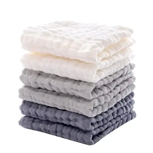 MUKIN Baby Washcloths - Soft Face Cloths for Newborn, Absorbent Bath Face Towels, Baby Wipes, Burp Cloths or Face Towels, Baby Registry as Shower. Pack of 6-12x12 inches (Grey) - 1