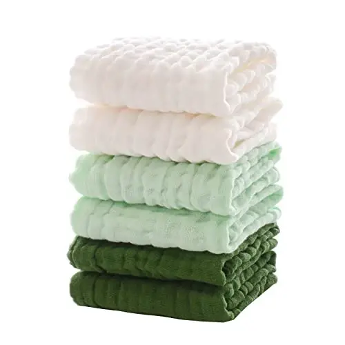 MUKIN Baby Washcloths - Soft Face Cloths for Newborn, Absorbent Bath Face Towels, Baby Wipes, Burp Cloths or Face Towels, Baby Registry as Shower. Pack of 6-12x12 inches (Green) - 1