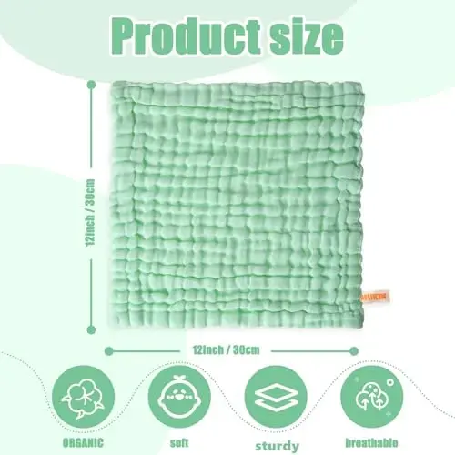 MUKIN Baby Washcloths - Soft Face Cloths for Newborn, Absorbent Bath Face Towels, Baby Wipes, Burp Cloths or Face Towels, Baby Registry as Shower. Pack of 6-12x12 inches (Green) - 3