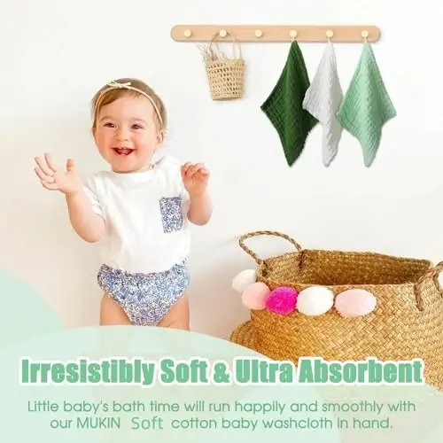 MUKIN Baby Washcloths - Soft Face Cloths for Newborn, Absorbent Bath Face Towels, Baby Wipes, Burp Cloths or Face Towels, Baby Registry as Shower. Pack of 6-12x12 inches (Green) - 4