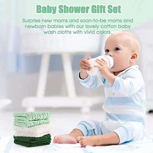 MUKIN Baby Washcloths - Soft Face Cloths for Newborn, Absorbent Bath Face Towels, Baby Wipes, Burp Cloths or Face Towels, Baby Registry as Shower. Pack of 6-12x12 inches (Green) - 5