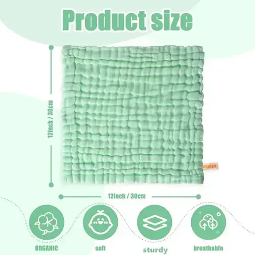 MUKIN Baby Washcloths - Soft Face Cloths for Newborn, Absorbent Bath Face Towels, Baby Wipes, Burp Cloths or Face Towels, Baby Registry as Shower. Pack of 6-12x12 inches (Green) - 3