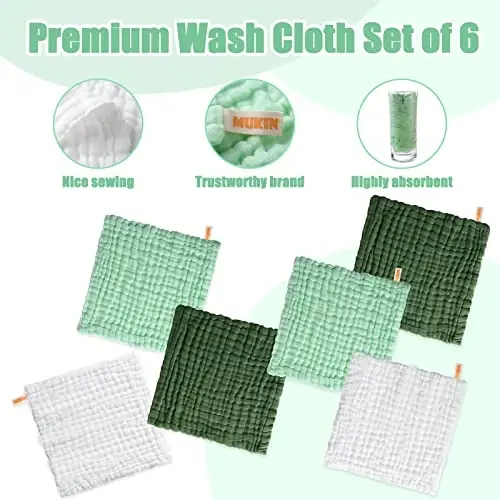 MUKIN Baby Washcloths - Soft Face Cloths for Newborn, Absorbent Bath Face Towels, Baby Wipes, Burp Cloths or Face Towels, Baby Registry as Shower. Pack of 6-12x12 inches (Green) - MUKIN (1)