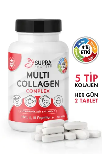 Multi Collagen Complex 60 Tablets - 5 Types of Collagen Blend + Hyaluronic Acid & Vitamin C - 3