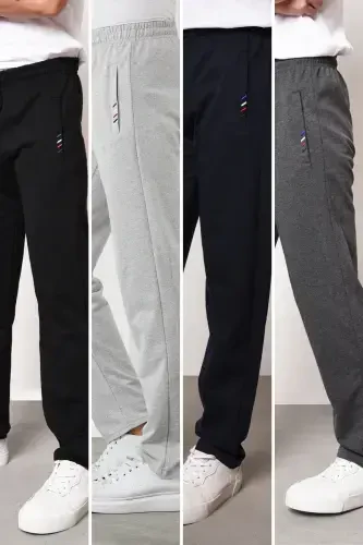 Multi-Color Men's Zipper Pocket Embroidery Detailed Straight Leg Relaxed Fit 4-Piece Sweatpants Set-Black - 1