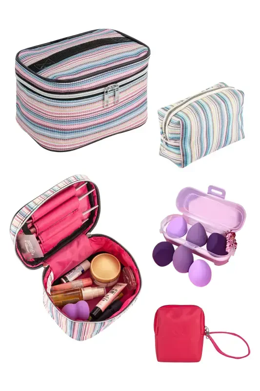 Multi-Functional 3-Piece Makeup Bag And 1 Piece Sponge Set-Striped Pattern - NS RELIABLE