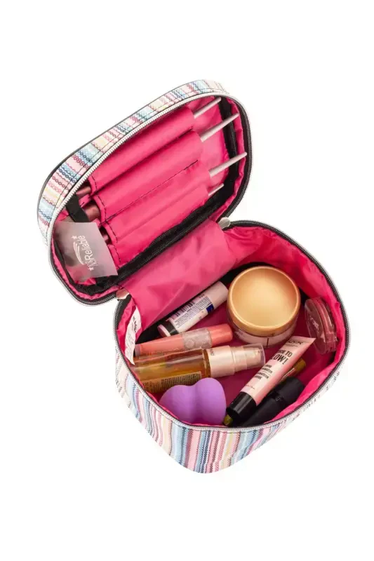 Multi-Functional 3-Piece Makeup Bag And 1 Piece Sponge Set-Striped Pattern - 3