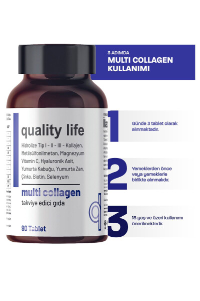 Multi Kolajen 90 Tablet - Tip 1-2-3-5-10 Kolajen MSM Magnezyum C Vitamini Yumurta Kabuğu Zarı Çinko - 6