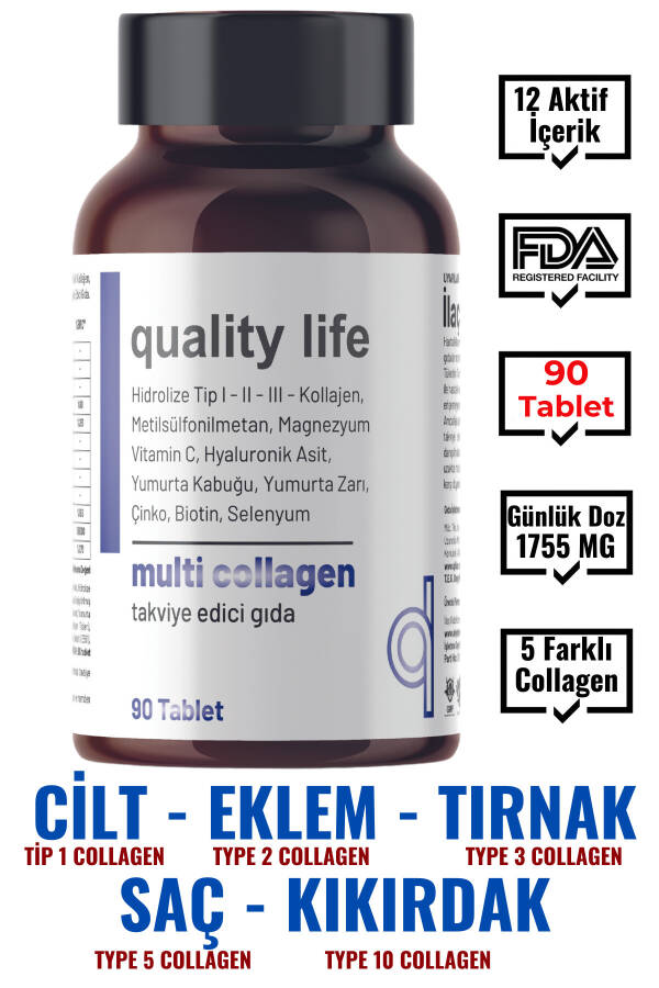 Multi Kolajen 90 Tablet - Tip 1-2-3-5-10 Kolajen MSM Magnezyum C Vitamini Yumurta Kabuğu Zarı Çinko - 9