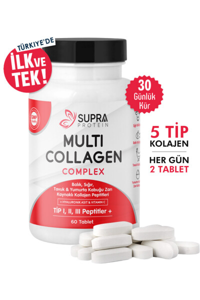 Multi Kollagen Kompleksi 60 Tablet - 5 Xil Kollagen Aralashmasi + Gialuronik Kislota & S vitamini - 13