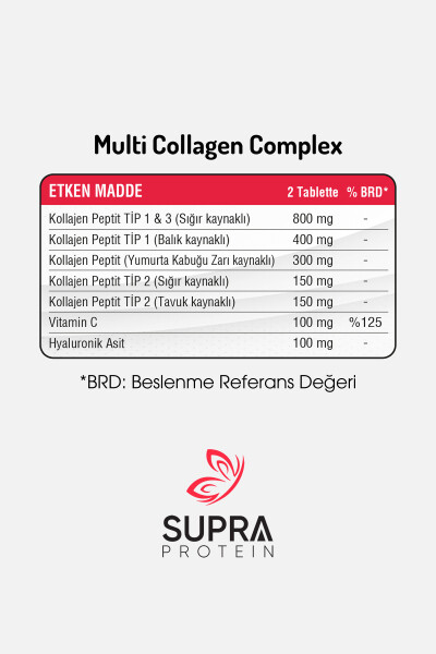 Multi Kollagen Kompleksi 60 Tablet - 5 Xil Kollagen Aralashmasi + Gialuronik Kislota & S vitamini - 15