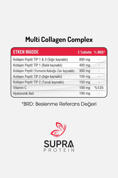 Multi Kollagen Kompleksi 60 Tablet - 5 Xil Kollagen Aralashmasi + Gialuronik Kislota & S vitamini - 7