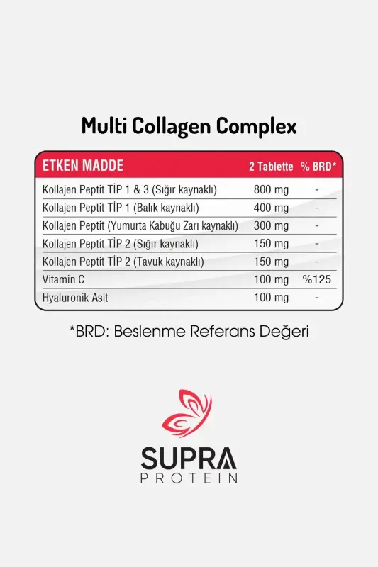 Multi Kollagen Kompleksi 60 Tablet - 5 Xil Kollagen Aralashmasi + Gialuronik Kislota & S vitamini - 7