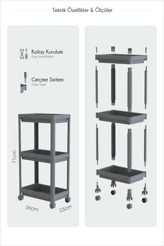 Multi-Purpose 3-Tier Rolling Bathroom Shelf Unit Di - 6