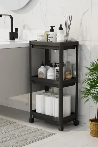Multi-Purpose 3-Tier Rolling Bathroom Shelf Unit Organizer-Black - 1