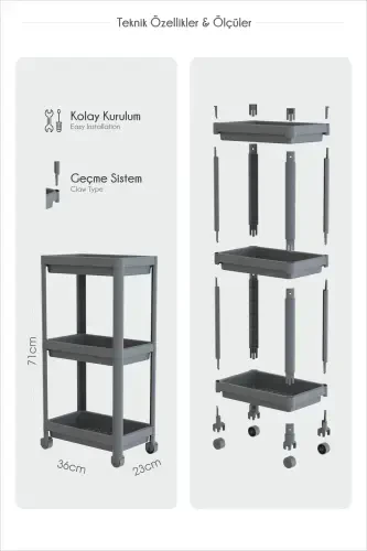 Multi-Purpose 3-Tier Rolling Bathroom Shelf Unit Organizer-White - 5