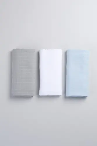 Multi-Purpose Muslin Cover & Blanket 3-Piece Set 100% Cotton Oeko-tex Certified 80 x 80 Cm - Blue / Gray / White - BONDBERRO (1)
