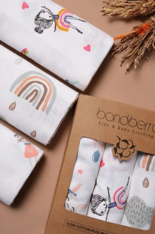 Multi-Purpose Muslin Swaddle & Blanket 3-Piece Set 100% Cotton Oeko-Tex Certified 80x80 Cm-Brown - 3